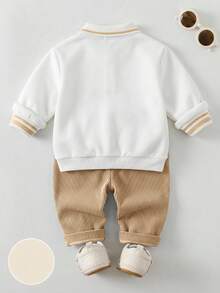 Cozy Pixies Baby Boy Cartoon Bear Pattern Knitted Soft Crew Neck Long Sleeve Pullover Sweatshirt And Elastic Waist Long Pants 2-Piece Set - Khaki - View 2
