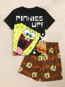 SpongeBob SquarePants | SHEIN 2件套青少年男童卡通图案印花宽松圆领短袖短裤睡衣套装， - 黑色 - 查看 1