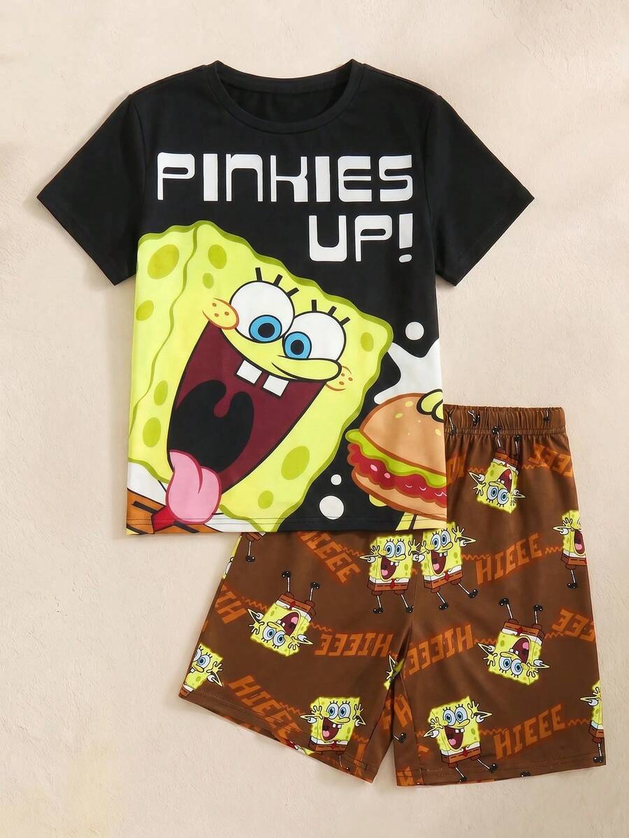 SpongeBob SquarePants | SHEIN 2件套青少年男童卡通图案印花宽松圆领短袖短裤睡衣套装, - 黑色 - 查看 1