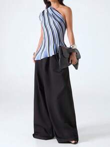 LYSMO Women's Fashion Colorblock Blue And White Stripe One Shoulder Knit Top Vacation Summer Coastal Modest - Multicolor - View 3