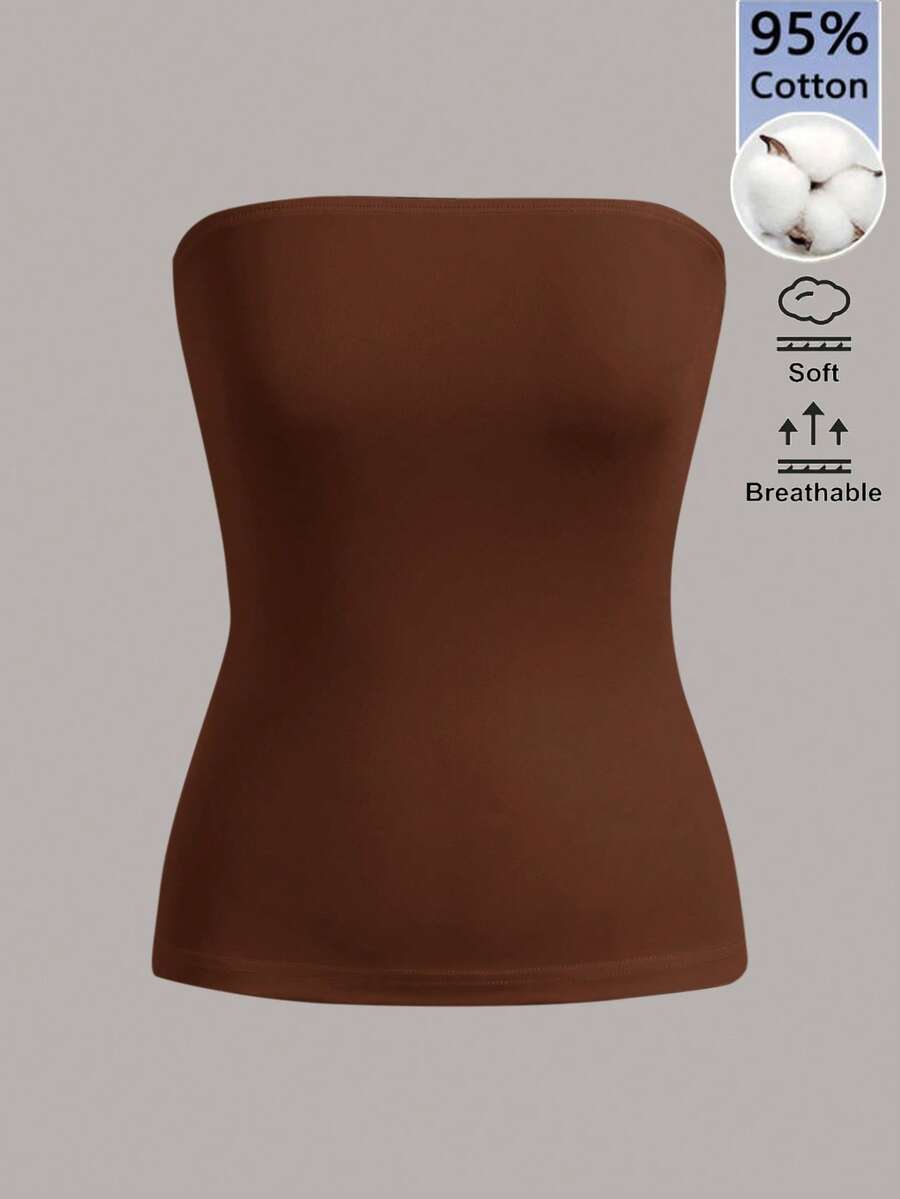 SHEIN BASICS 女款休閒百搭純色抹胸上衣 - 咖啡棕 - 查看 1