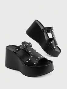 Sugerpunk Ladies Diablo Punk Style Nails Open-Toed Thick-Soled Height Enhancement Fashion Versatile Sandals - Black - View 5