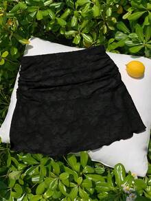 Comfortcana Summer Polka Dot Ruched A-Line Mini Skirt - Black - View 4