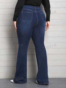 EMERY ROSE Summer Plus Size Denim Flare Leg Stretch Jeans Holiday Navy Blue - Dark Wash - View 2