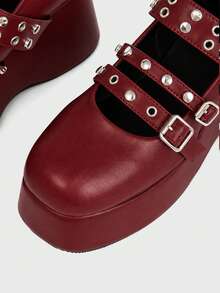 Sugerpunk Sandal Platform Bertumit Lame dengan Gesper Berduri untuk Wanita. - Burgundy - View 3