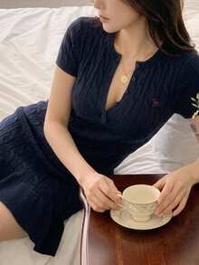 DAZY Pattern Embroidered Fitted Ruffle Trim Short Sleeve Dress Casual Vacation Old Money Elegant Spring Autumn Women's Sweater Dress - Blue - View 7