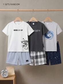 SHEIN 青少年男孩夏季簡約休閒短袖T恤與條紋短褲兩件套，寬鬆舒適居家睡衣，休閒學院風舒適時尚簡約實用百搭，柔軟面料適合日常穿著、上學、旅行、居家、度假 - 白色 - 查看 1