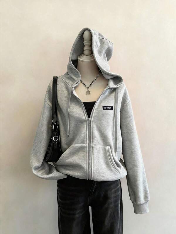 SHEIN EZwear Casual Minimalist 3D Embroidered Patch Personalized Slogan Silicone Print Pattern Hooded Sweatshirt Long Sleeve Loose Fit Women's Sweatshirt, Autumn Top, Suitable For Daily Commute, Party, Autumn/Winter/Spring/Summer, Christmas, New Year, Thanksgiving, Party, Wedding, Beach, Graduation Ceremony, Elegant, Outing, Date, Commute, Valentine's Day, Elegant, Vacation, Y2
