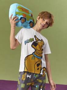 SCOOBY-DOO X SHEIN 青少年男孩卡通狗印花圆领 T 恤和全身印花长裤睡衣套装（阻燃） - 灰色 - 查看 5