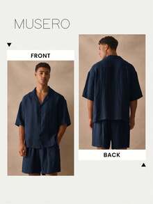 Musero Se vende como un conjunto de camisa corta abotonada de manga corta y pantalones cortos, esenciales de primavera y verano - Azul Marino - Ver 7