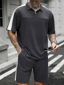 Manfinity CasualCool Men's Casual Striped Contrast Color Button Half-Placket Polo Shirt And Drawstring Waist Pocket Shorts Set - Multicolor - View 5