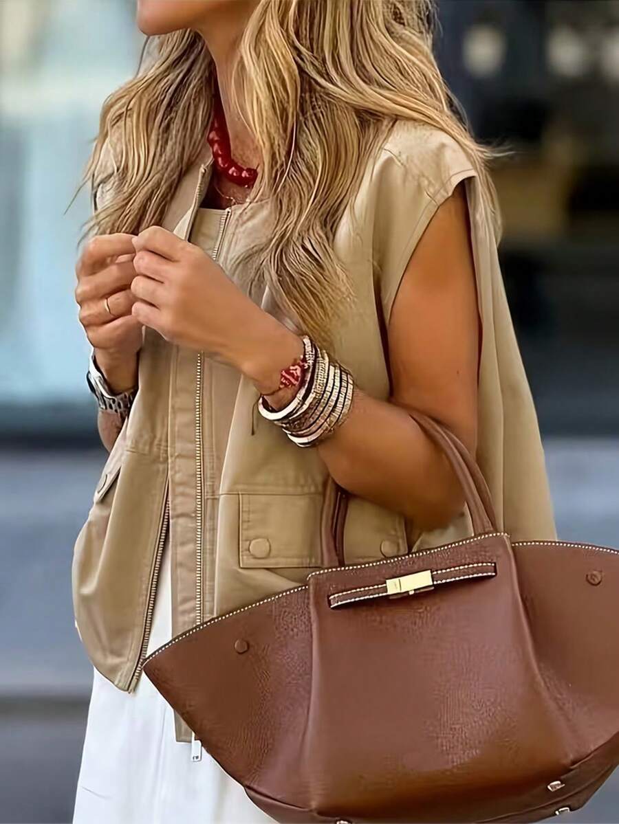 Louniche Women's Solid Color Zipper Casual Daily Jacket Everyday Work Beige Summer - Apricot - View 1