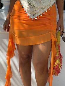 NegzBox Spring Ruched Ruffle Trim Ruffle Hem Mesh Black Skirt - Orange - View 5