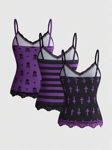 ROMWE Y2K Retro Musical Note & Staff Piano Keyboard Print Fitted Baby Tee With Lace Trim Tank Top 3 Pieces Set - Purple - View 2
