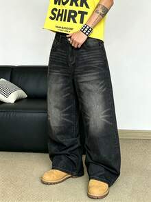 STEELVANCE 男士嘻哈街頭風星星與字母刺繡黑色水洗牛仔直筒寬腿長褲 - 黑色 - 查看 3