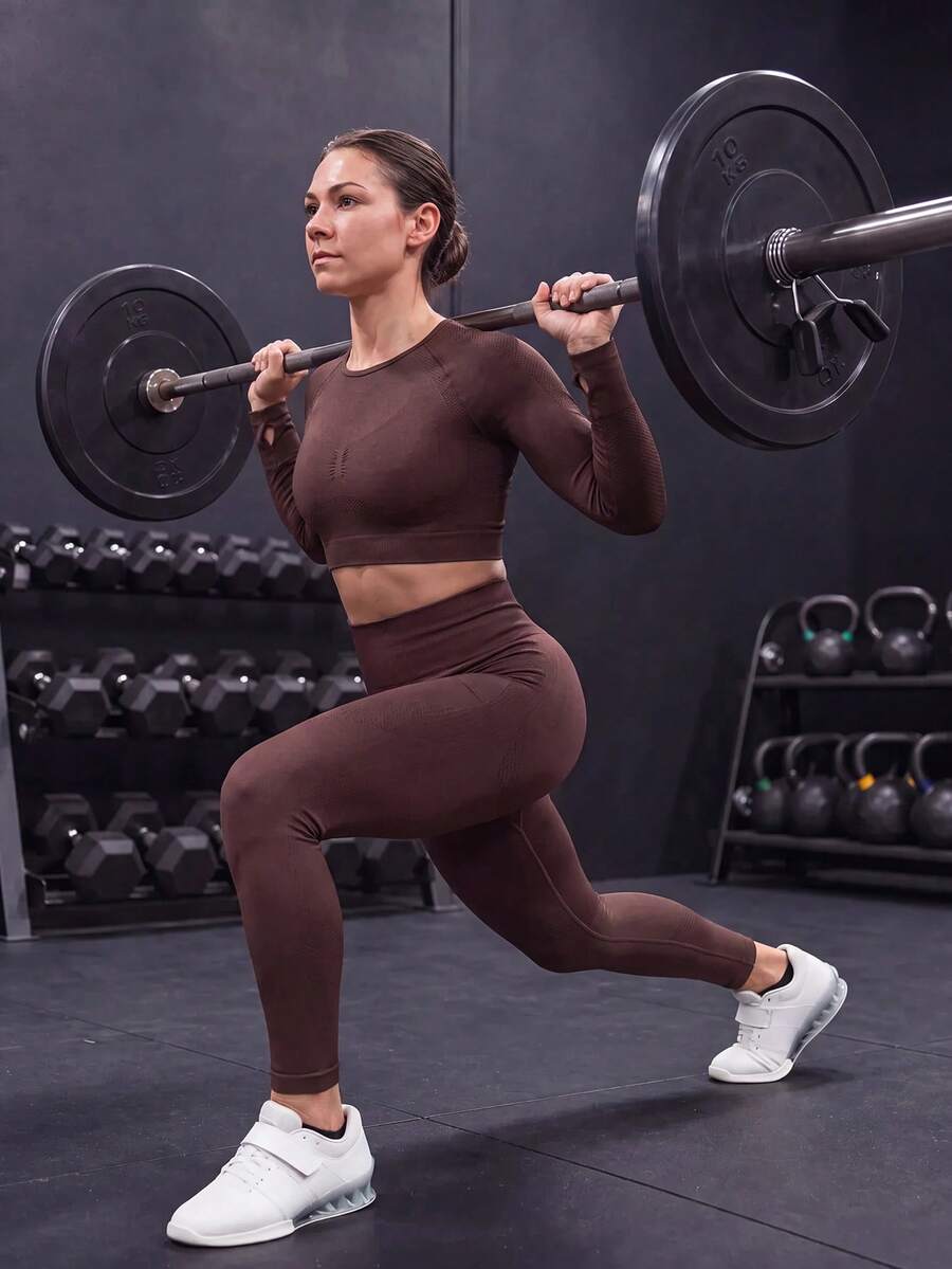 Easithlete Easithlete 高彈性無縫女款露背長袖T恤與緊身褲運動套裝 - 棕色 - 查看 1