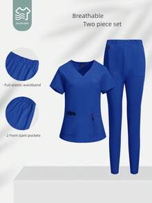 TaskEZ Conjunto de uniforme médico con top de manga corta y pantalones largos - Azul - Ver 9