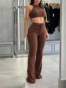 INAWLY Solva Plus Size Summer Sexy Solid Color Backless Halter Neck Super Short Top And Long Pants 2 Pieces Set Vacation Night Brown - Coffee Brown - View 3