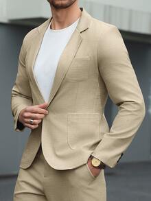 Manfinity Mode Conjunto de traje formal para hombre con blazer de cuello de solapa & pantalones, formal de primavera/verano, ceremonia - Caqui - Ver 6