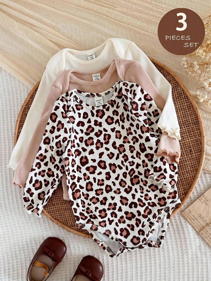 SHEIN طقم رومبير كاجوال ضيق برقبة دائرية للبنات الرضع، محبوك بلون سادة وطبعة نمر، 3 قطع - متعدد الألوان - مشاهدة 1