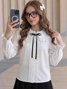 SHEIN 少女白色纯色超大翻领长袖衬衫，返校季 - 白色 - 查看 1