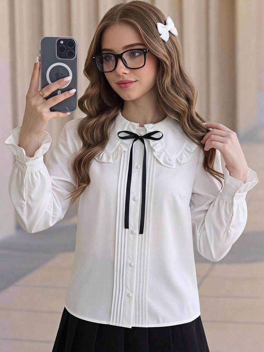 SHEIN 少女白色纯色超大翻领长袖衬衫,返校季 - 白色 - 查看 1