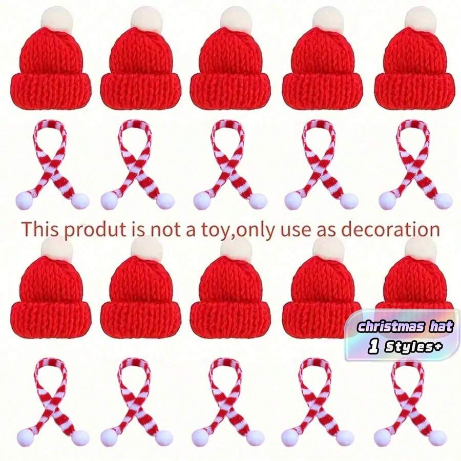 20 Stücke, Mini Weihnachtsmütze, Mini Weihnachtsmütze und Schal Set, Mini Weihnachtsmütze gestrickt, Weihnachtsmannmütze klein für Weihnachts-Weinflaschenhülle, Weihnachtsdekoration, Weihnachtspartys - Mehrfarbig - Übersicht 1