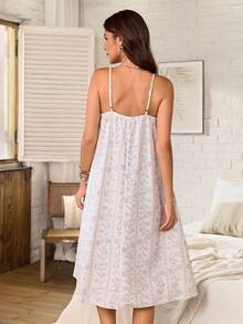 Serenescape Wisteria Flower Print Embroidered Collar Floral Decor Camisole Nightgown For Women - Beige - View 2