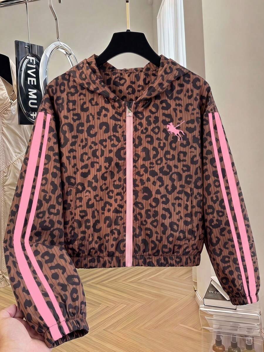 SHEIN Tween Girl Leopard Print Hooded Jacket - Brown - View 1