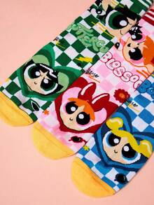 THE POWERPUFF GIRLS X Joivida 3雙時尚卡通休閒襪，吸汗透氣，柔軟舒適。適合日常穿著、居家放鬆、辦公室、學校、旅行、運動、健身房、瑜珈。生日、週年紀念或單純表達關心的可愛實用禮物 - 彩色 - 查看 3