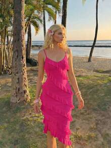 SHEIN MOD Vestido de verano con tirantes finos y detalle de rizo para mujer con bajo amétrico - Rosa Fucsia - Ver 2