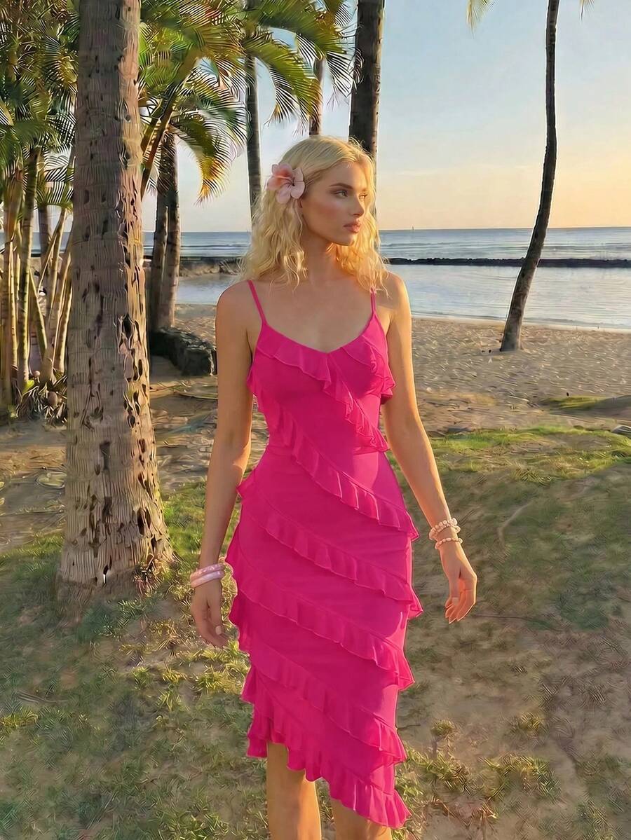 SHEIN MOD Women'S Asymmetric Hem Spaghetti Strap Summer Dress With Ruffle Detail Ruffle Dress - Hot Pink - View 1