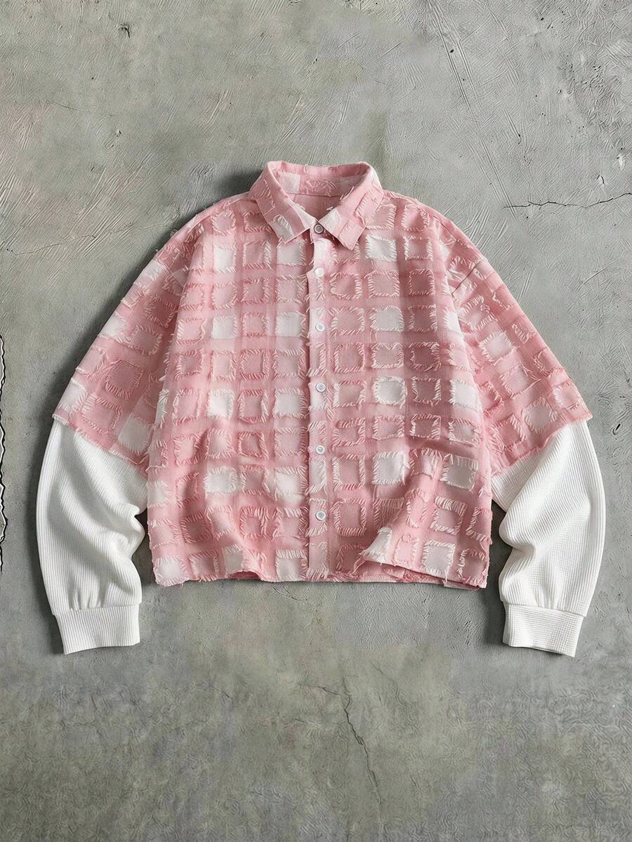 AXEPEAK Men's Plaid Long Sleeve Single-Breasted Frayed Hem Shirt - Pink - View 1
