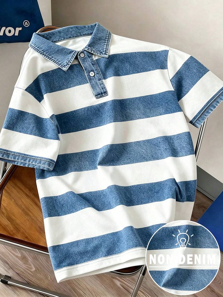 Manfinity Joysei 男士丹寧效果印花條紋短袖 Polo 衫 - 藍色 - 查看 1