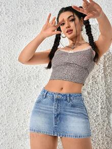 SHEIN PETITE 女款休閒口袋貼身短牛仔迷你裙，適合嬌小女性 - 中等水洗藍 - 查看 7