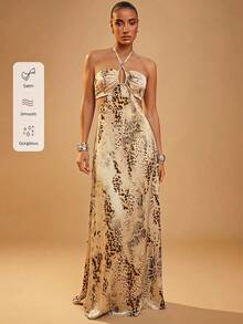Hauture Front Cut Out Cross Over Halter Open Back Maxi Dress - Multicolor - View 1