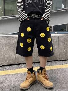 NEOSTRIT 男士休閒日常牛仔短褲，附口袋、鈕扣與笑臉圖案 - 黑色 - 查看 1