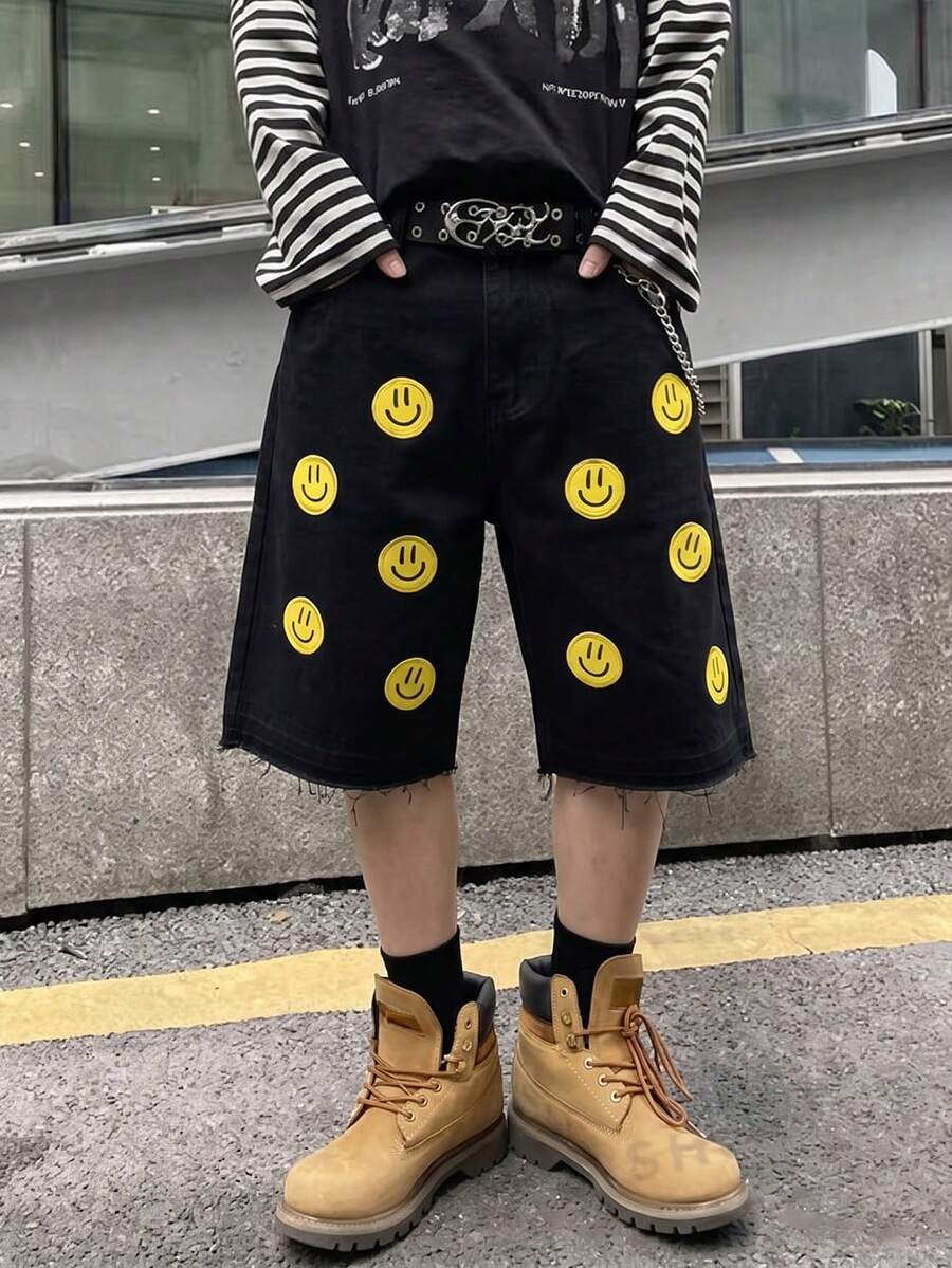 NEOSTRIT 男士休閒日常牛仔短褲,附口袋、鈕扣與笑臉圖案 - 黑色 - 查看 1