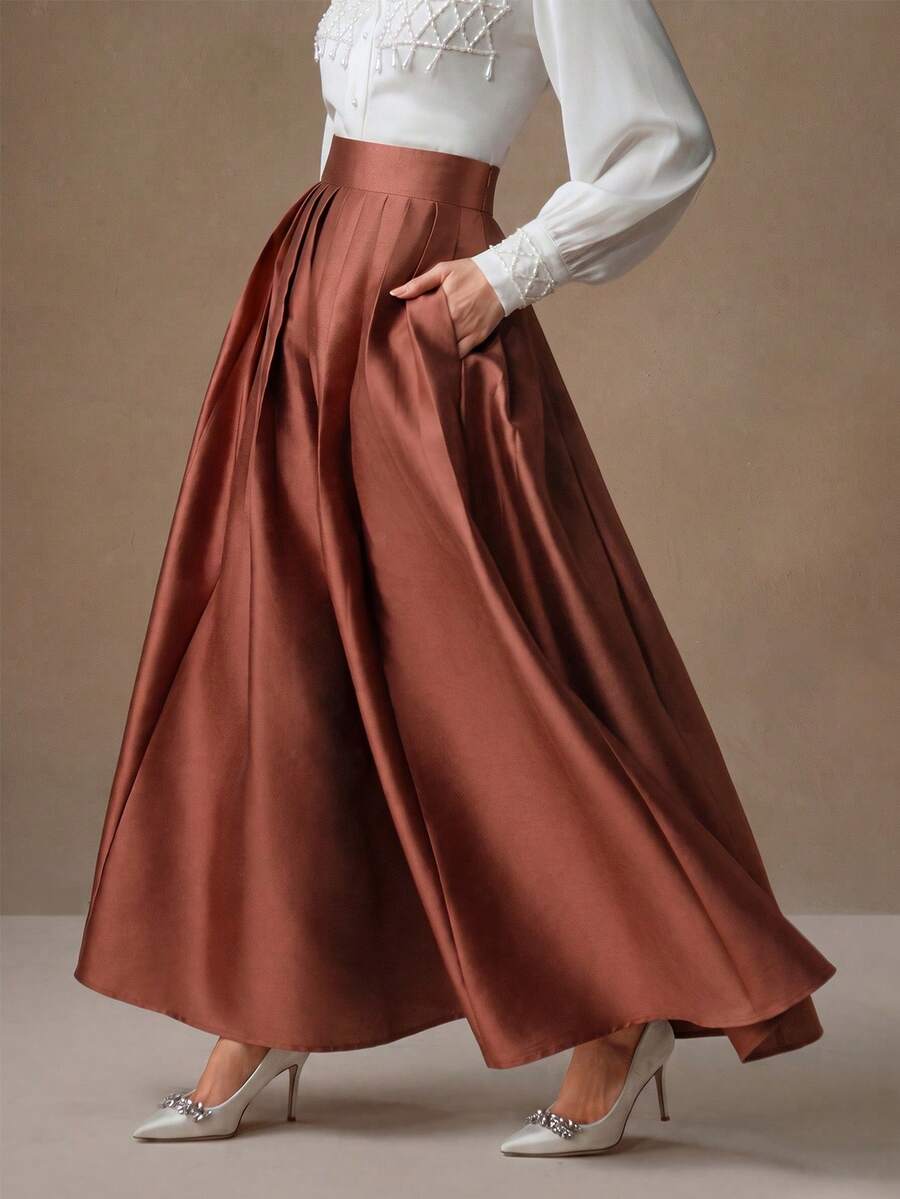 Anewsta Rok Puff Elegan Pinggang Tinggi, Maxi Gaya Istana untuk Wanita - Rust Brown - View 1