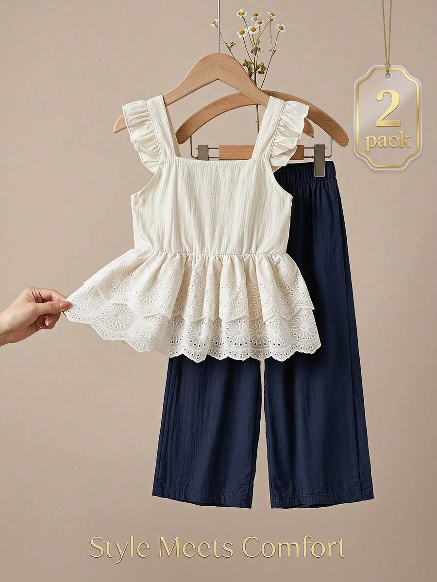 SHEIN Vintaside Kids 女童純色背心上衣與長褲兩件套,休閒度假穿搭 - 藍色 - 查看 1