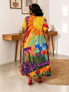 CurvyTilda Plus Size Women Colorful Artistic Textured Pattern V-Neck Short Sleeve Dress, Suitable For Summer, Spring Break - Multicolor - View 2