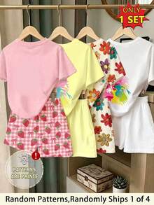 Elladie kids (Patrón aleatorio, 1 set aleatorio) Conjunto de camiseta corta básica y pantalones cortos con estampado de graffiti colorido, flores y fresas, estilo fresco y de moda para niñas - Multicolor - Ver 2