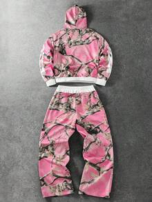 ROMWE MEN Men's Letter Print Hoodie And Drawstring Waist Long Pants Set - Pink - View 3