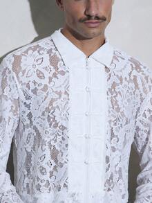 FeverCity Men's Lace Casual Daily Long Sleeve Zip Jacket, For Spring, Outdoor - White - View 6