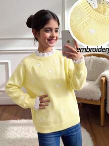 SHEIN Suéter para niña preadolescente con bordado de corazón, patchwork y dobladillo con volantes - Amarillo - Ver 4