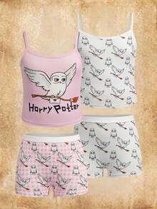 HARRY POTTER X SHEIN Set Kamisol & Celana Dalam Motif Kartun untuk Anak Perempuan Remaja, Musim Panas - Berwarna merah muda - View 1