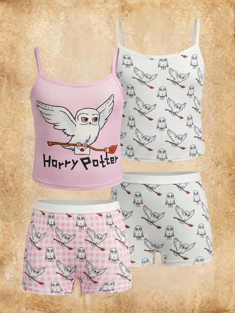 HARRY POTTER X SHEIN Set Kamisol & Celana Dalam Motif Kartun untuk Anak Perempuan Remaja, Musim Panas - Berwarna merah muda - View 1
