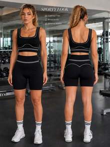 Solea Cove Solea Cove 1 Set, Black And White Contrast Line Square Neck Sports Set, Sports Bra, High Waist Butt-Lifting Fitness Shorts 2 Pieces Set, Soft And Comfortable Fit, Suitable For Workout, Running, Casual, Yoga - Black - View 4