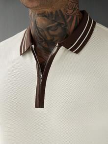 Manfinity CasualCool 男士時尚休閒通勤針織提花短袖 Polo 衫，男士拉鍊 Polo 衫，復古風格，老錢風，適合日常休閒、週末旅行，可作為男友/丈夫禮物、週年/生日禮物、派對、夏季度假、海灘穿著、夏威夷婚禮及春夏穿著 - 杏色 - 查看 3