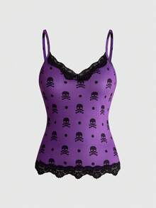 ROMWE Y2K Retro Musical Note & Staff Piano Keyboard Print Fitted Baby Tee With Lace Trim Tank Top 3 Pieces Set - Purple - View 11